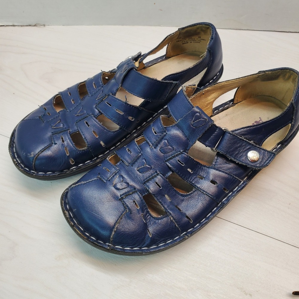 Alegria Pesca Navy Blue Leather Fisherman Sandals Heart Cutout Women 39 Coastal - Picture 1 of 9